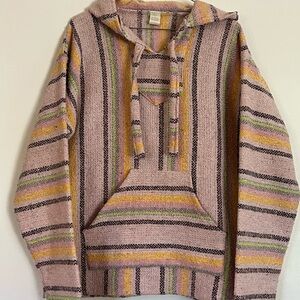 Baja Hoodie Serape Pullover Pink Multicolor Wool Blend Hoodie Medium Unisex
